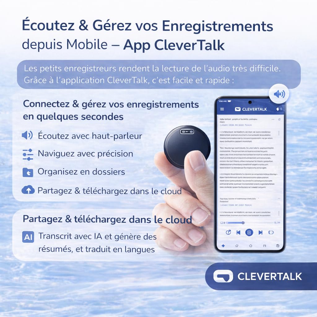 CleverTalk Q37 Enregistreur Vocal avec IA | Activation Vocale | Portail Web app.clevertalk.AI | Transcription et Résumés | 64 GB | Audio HD 1536kbps | USB-C