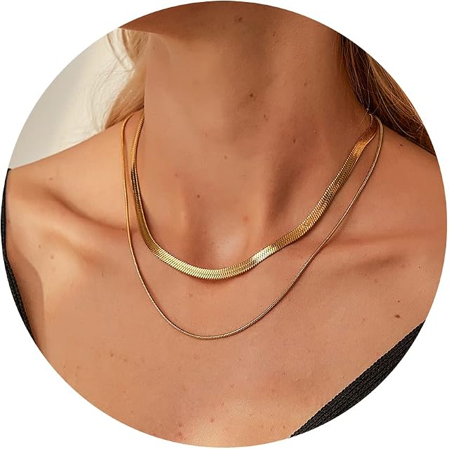 Momlovu Necklaces for Women Girls, 18K Gold | Silver Necklaces for Women Herringbone Chain Snake Chain Layered Choker Necklace for Women Girls Width 3mm/4mm/5mm