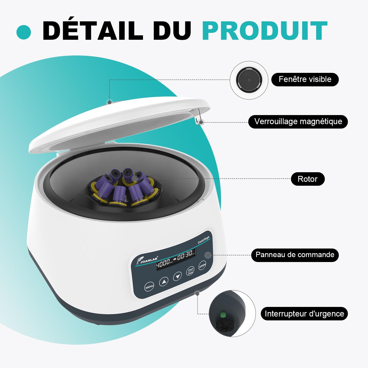 JOANLAB Machine à centrifuger de laboratoire 2 ml/5 ml/10 ml x 8, 15 ml x 4 centrifugeuses de table basse vitesse 500-4000 tr/min, 2180 x g RCF Digital Benchtop centrifugeuse avec minuterie