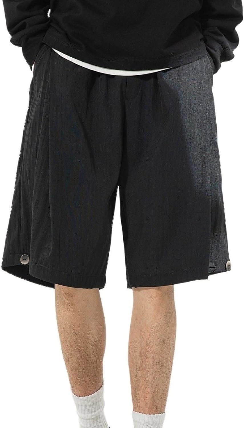 Men's Summer Lightweight Elastic Waist Pleated Solid Color Knee Length Shorts
