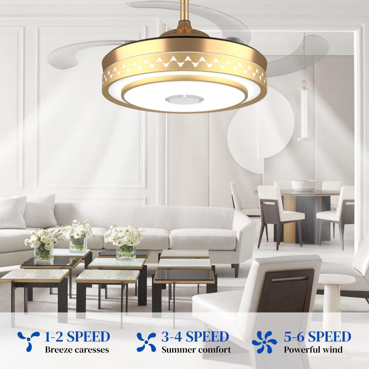 Retractable Blades Ceiling Fan with Lights and Bluetooth Speaker Dimmable Invisible Chandelier with Remote 7 Color Light Fandelier Ceiling Fan Light 6 Speed Living Room (42 inch Gold)