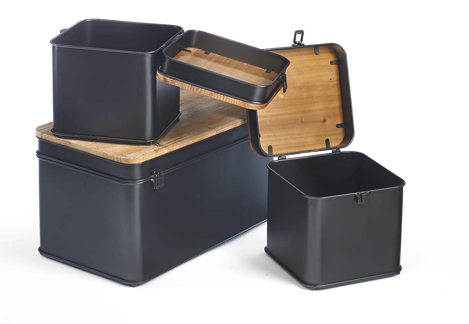Kobolo Metalltruhe Aufbewahrung Kiste aus Metall im dreier Set - schwarz - mit Holzdeckel - B-Ware