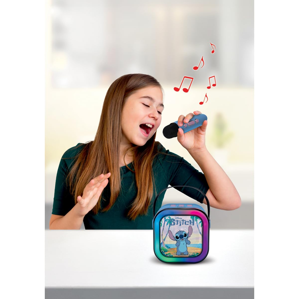 Lexibook, Disney, Karaoke con Microfono Wireless, Blu, BTC020DLXB | Altoparlante karaoke Stitch con microfono wireless, Bluetooth 5.0, USB-C, luci e design compatto