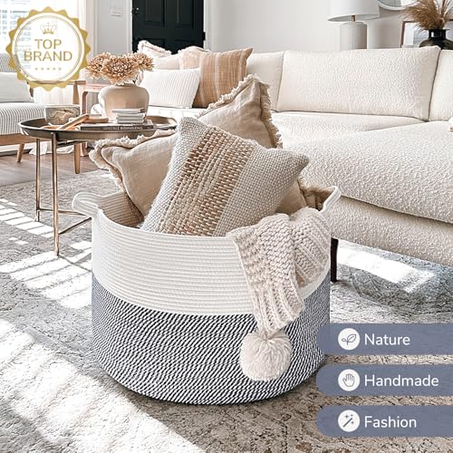 Image of INDRESSME XXXLarge Cotton Rope Basket 21.7 inch x 21.7 inch x 13.8 inch Woven Baby Laundry Baskets Blanket Basket Toy Baskets with Handle Storage Comforter Cushions Navy Laundry Hamper