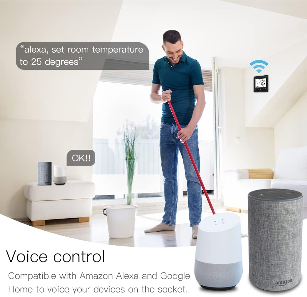 Man cleaning a room, with Amazon Alexa and Google Home devices, demonstrating voice control compatibility with the MoesGo Smart Thermostat.