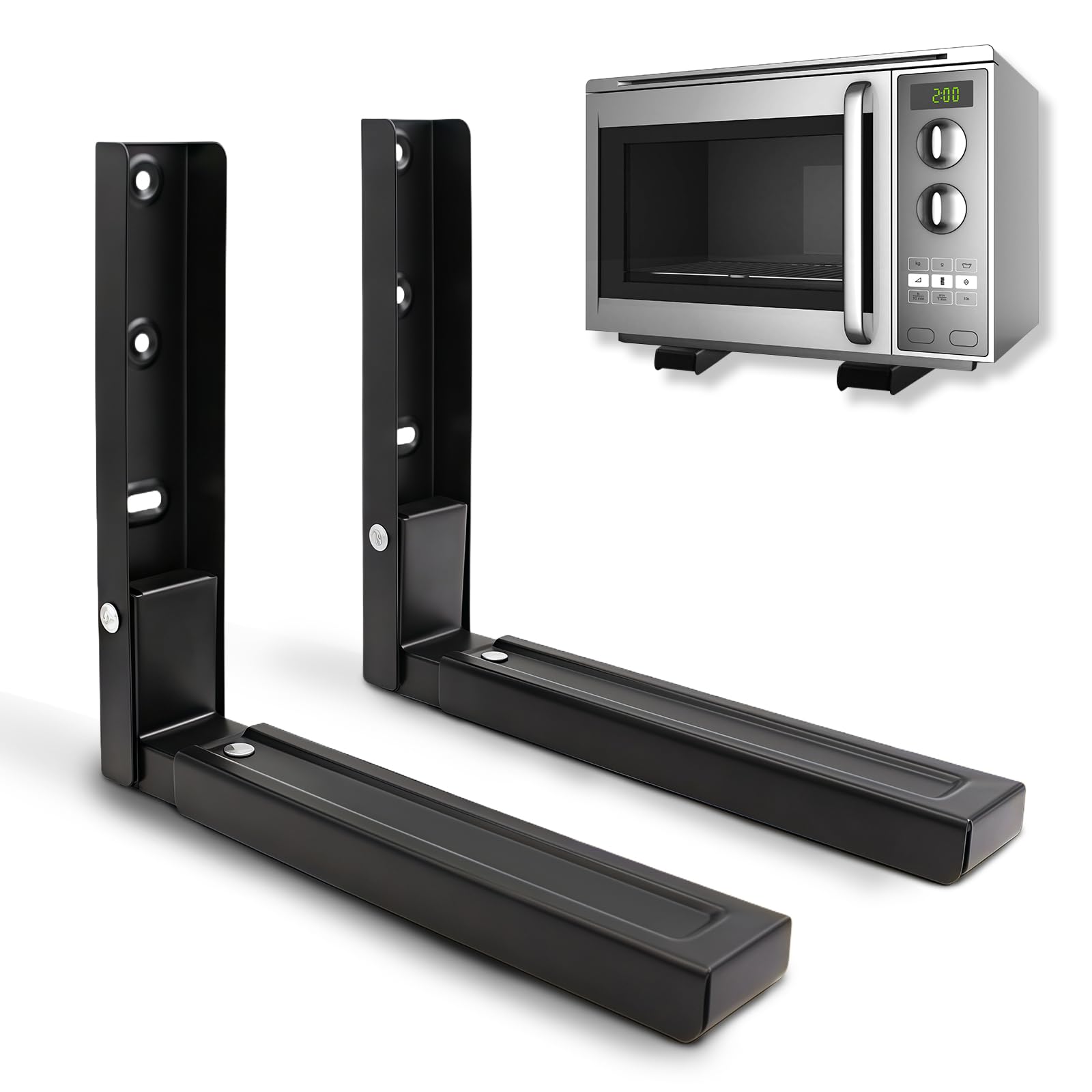 Universal Wall-Mounted Microwave Bracket - Foldable Adjustable Arm Shelf Rack, 25kg Load Capacity, Black Metal Oven Stand for Most Microwaves