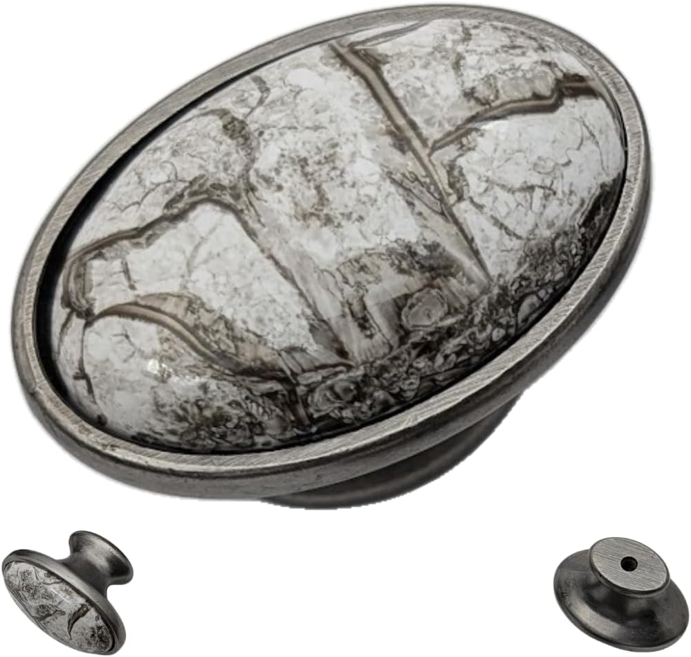 10 pcs Antique Silver Gray Marble Oval Ceramic Cabinet Knobs for Cabinets, Drawers, Dressers, Closets, Vanities