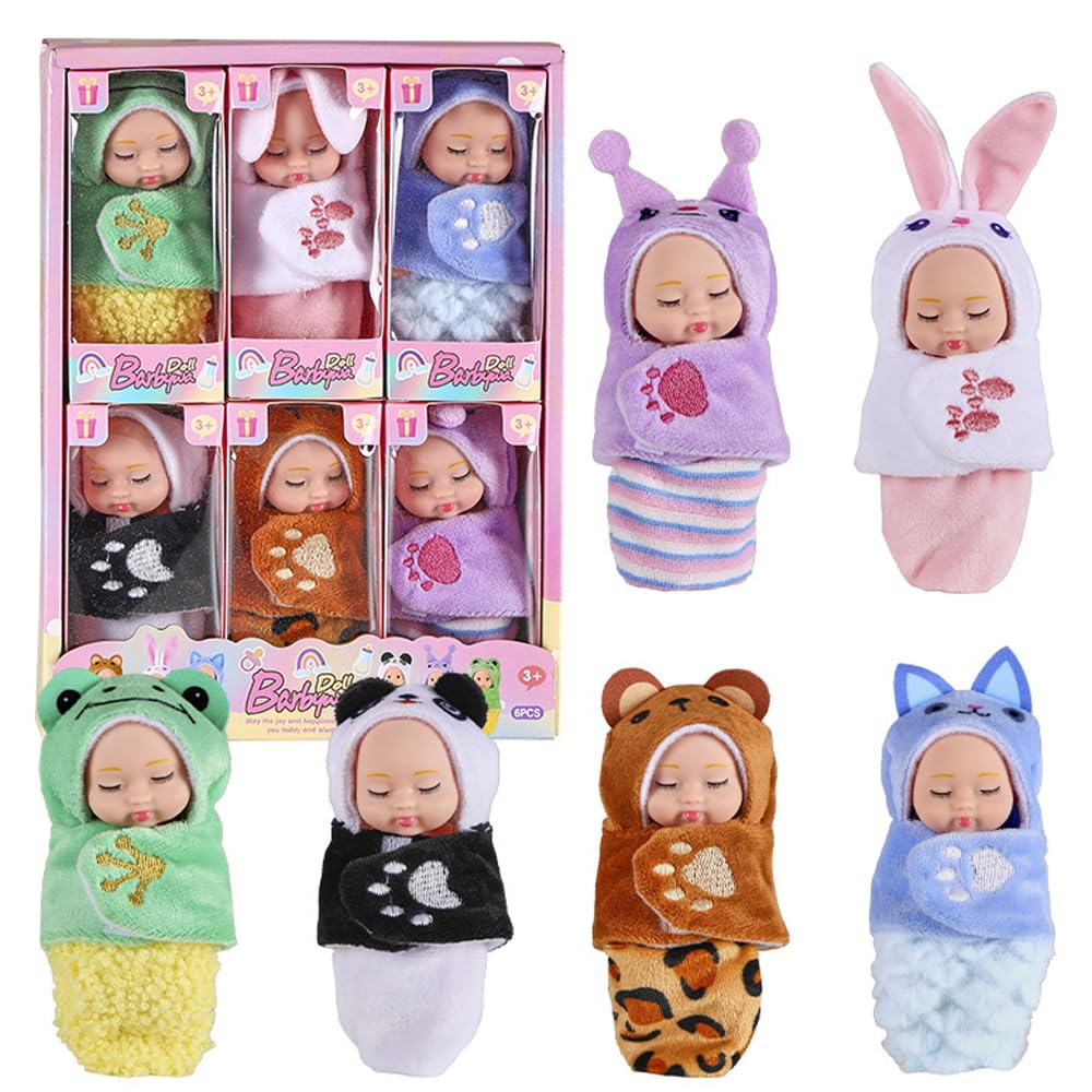 RNPKZ Mini Reborn Doll, 6 Pcs 4 Inch Sleeping Rebirth Dolls, Movable Joint Mini Baby Dolls with Sleeping Bag Clothing, Washable Lifelike Newborn Baby Doll for Kids Birthday (D)