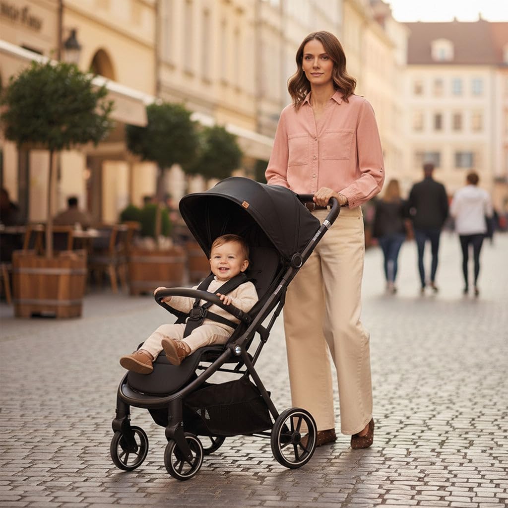 Asalvo KIBU Silla de Paseo, Carrito bebé, Carro para bebés, Confortable, Ultraligera, Segura, Capota con Ventana y Freno Trasero, Manejable, Plegado compacto, Carga Máxima 24 kg, Negro