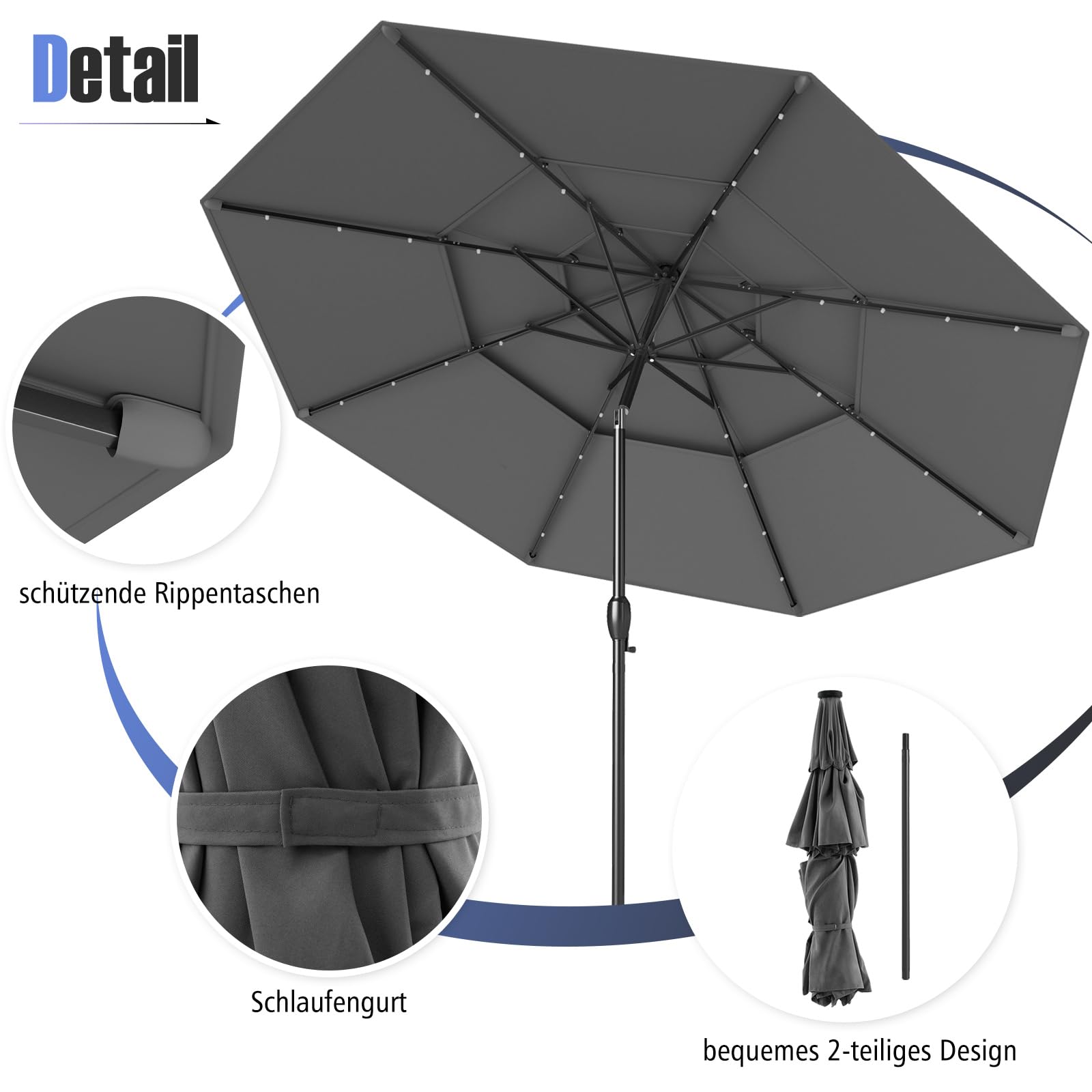 COSTWAY Parasol przeciwsłoneczny z oświetleniem solarnym LED, 300 cm, odporny na wiatr, stabilny, parasol tarasowy z korbą, obustronnie zginany o 35°, parasol balkonowy, do ogrodu, na balkon, antracyt