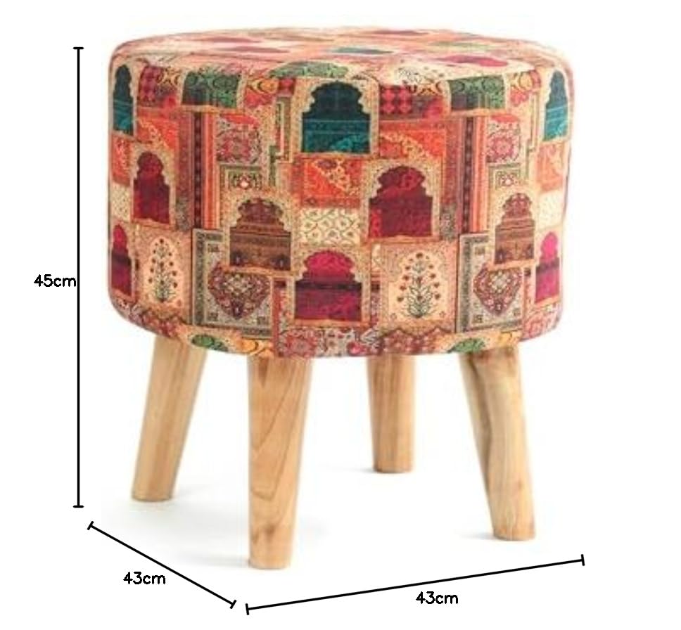 Image of NACIA Elegant Velvet Printed Ottoman Chair | Dressing Table Chair for Bedroom Makeup Room Decor | Modern Upholstered Ottoman with Wooden Legs for Living Room & Home (18x18x32 Inches, Darbar)