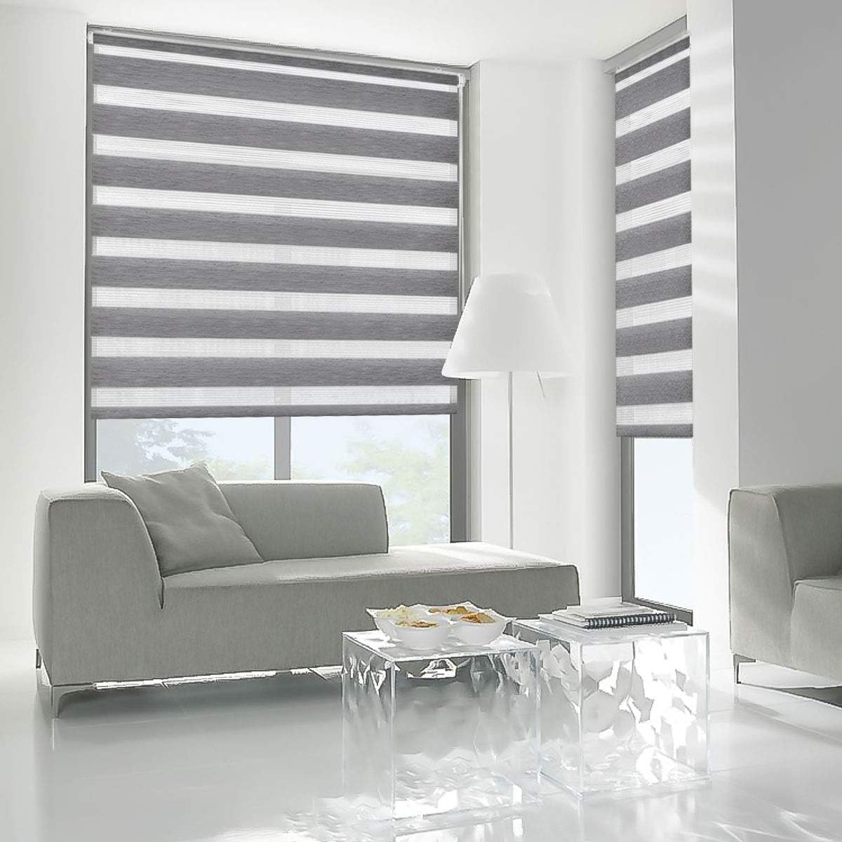 Magiea Store Enrouleur sans Perçage Jour Nuit, Double Tissu, Facile à Installer pour Fenêtre ou Porte, Protection Solaire Vie Privée, Marbre Gris, 45l x 150L cm(Largeur du Tissu 45 cm) - 2