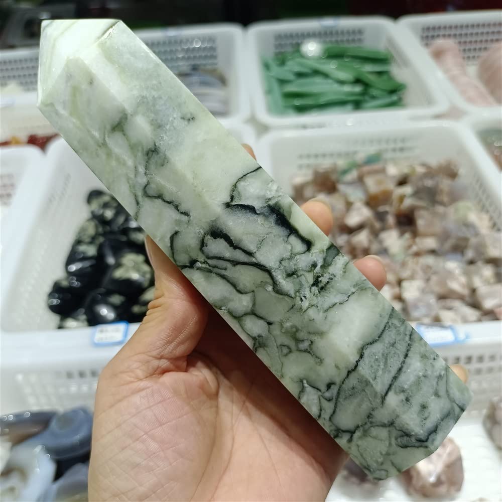 WGPHD Meditation Home Natural Green Network Stone Pillar Crystal Energy Ore Home Office Decoration Craft Gifts Mineral Reiki Healing (Size : 300-350g)