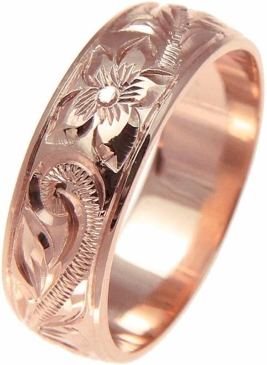 Arthur's Jewelry 14K rose gold hand engraved Hawaiian plumeria scroll band ring smooth edge 6mm
