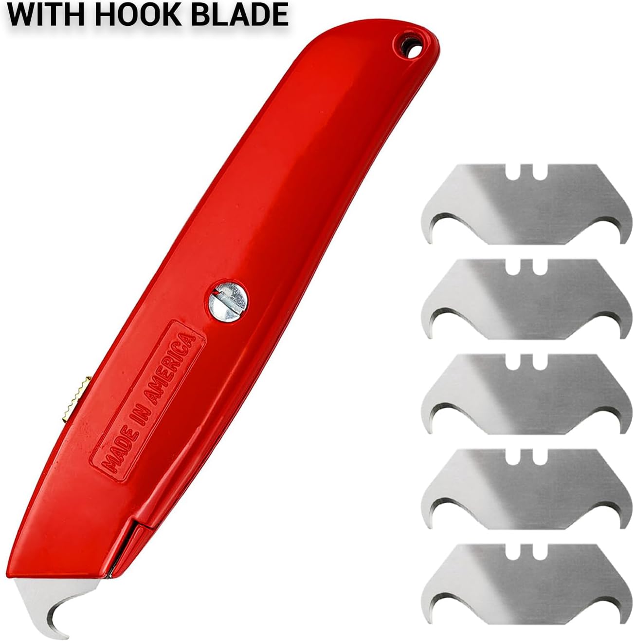 Canopus Heavy Duty Utility Knife with Utility and Hook Blades, All Metal Retractable Box Cutter, Carpet Knife, Shingle Cutter Roofing Knife, Combo Pack, Red, Made in USA