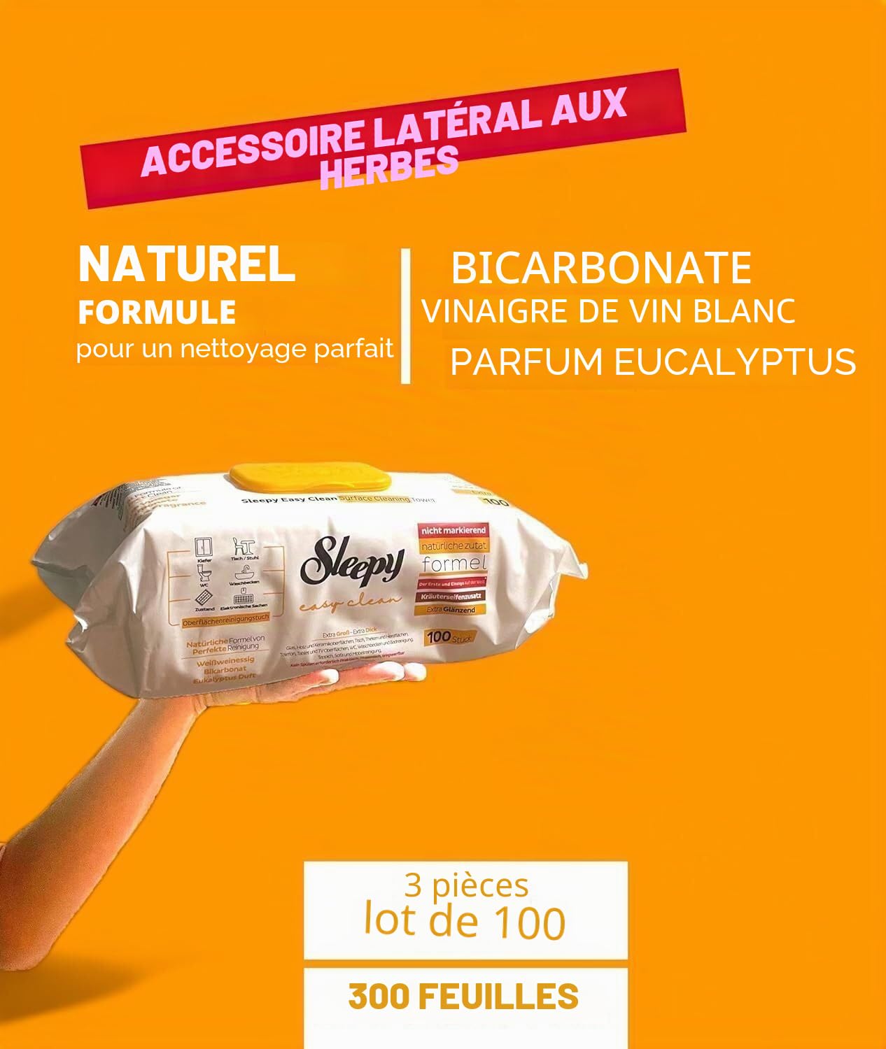 Clearfee Sleepy Lot de 6 lingettes humides de nettoyage de surface, 100 feuilles XXL, jetables, puissantes, grandes