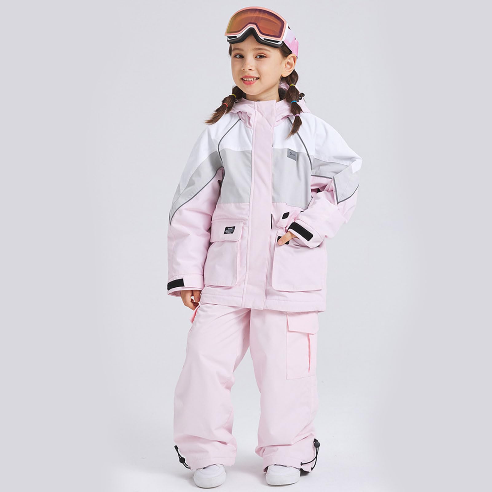 Traje de nieve infantil de 2 piezas, chaqueta de esquí + pantalones de esquí, impermeable, cortavientos, transpirable, con capucha, para niños y niñas, traje de esquí de invierno, rosa, 150
