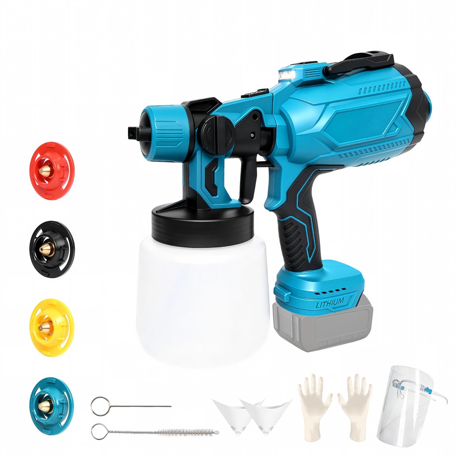 Pistola Pintura con Batería Compatible con Makita 18 V (sin batería), HVLP | 1L Sistema de pulverización de Pintura, 4 boquillas & 3 modos, pistola para pintar paredes y techos