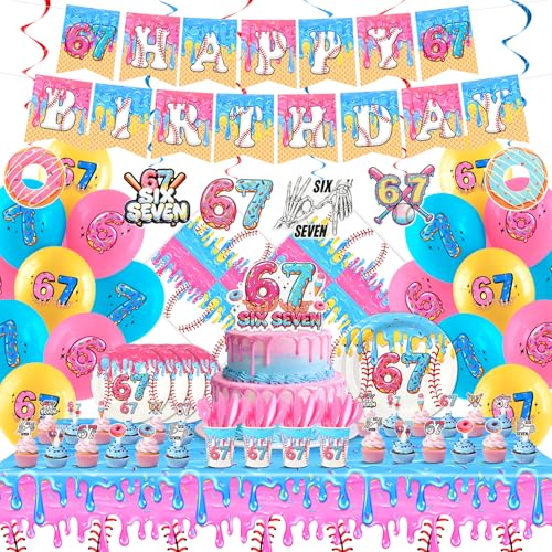 IGIDOLAA 67 Birthday Decorations Party Supplies 191 Pcs 6 7 Meme Themed Set Tableware Plates Cups Cutlery Napkins Tablecloth Banner Backdrop Cake Toppers Balloons Hanging Swirls Six Seven Serves 20