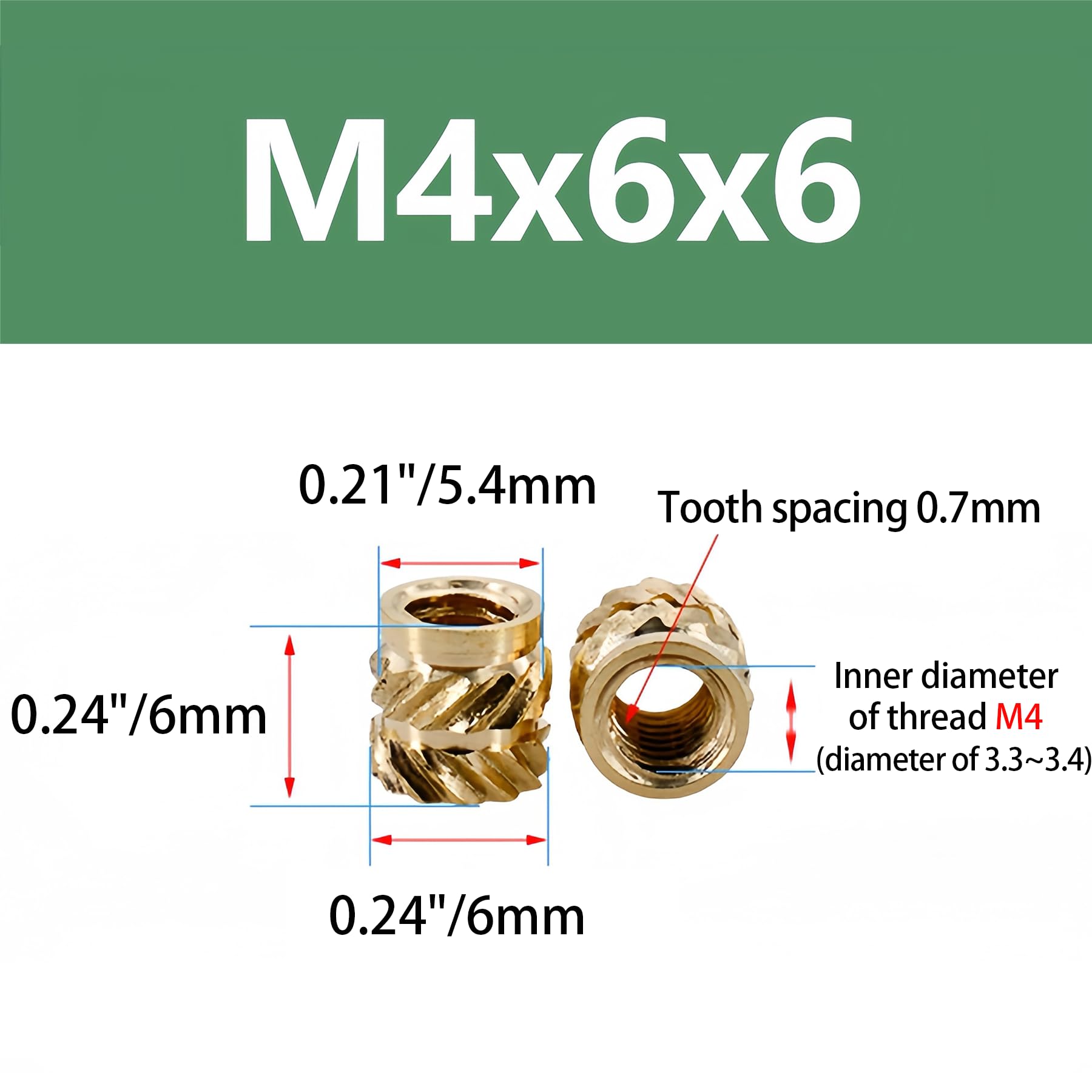 LEPEVNEY 120Pcs M4 Knurled Threaded Insert Nuts, 6mm Length, 6mm OD - Image 2