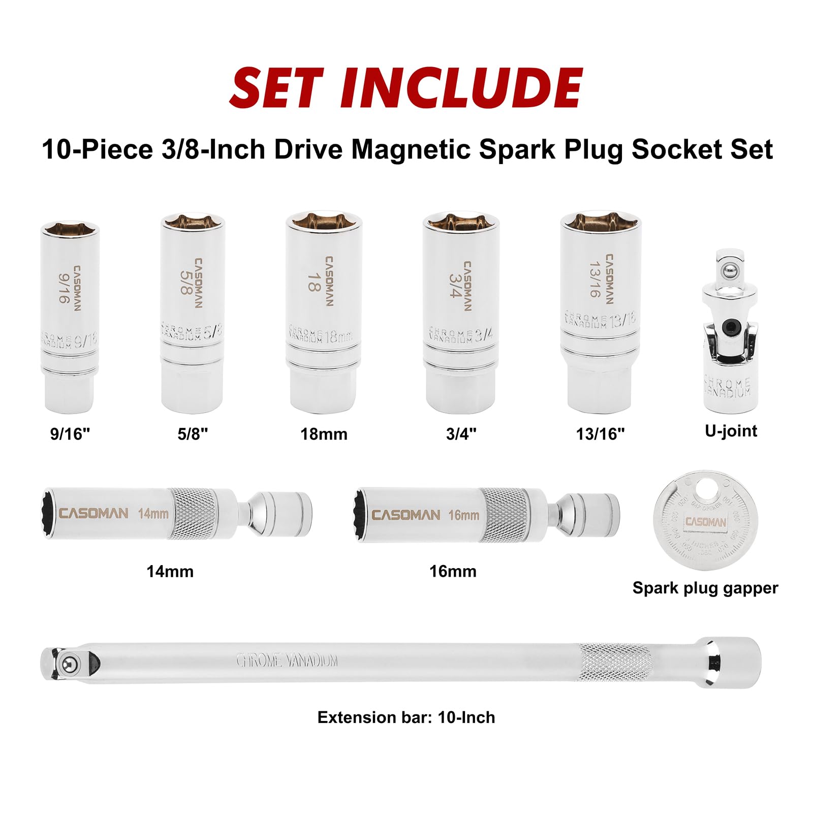 CASOMAN Set di 10 chiavi magnetiche per candele di accensione da 3/8", 6PT e 12PT, include barra di estensione, giunto unviersal e gap per candela, acciaio CR-V