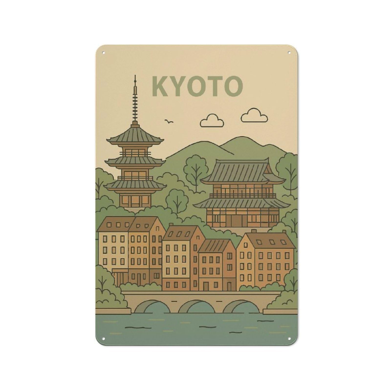 Junmoney Kyoto Vintage Illustration Vintage Tin Sign 30X20cm With For Living Room Or Hallway, Gift Idea At Christmas For Home Wall Decor Collectors