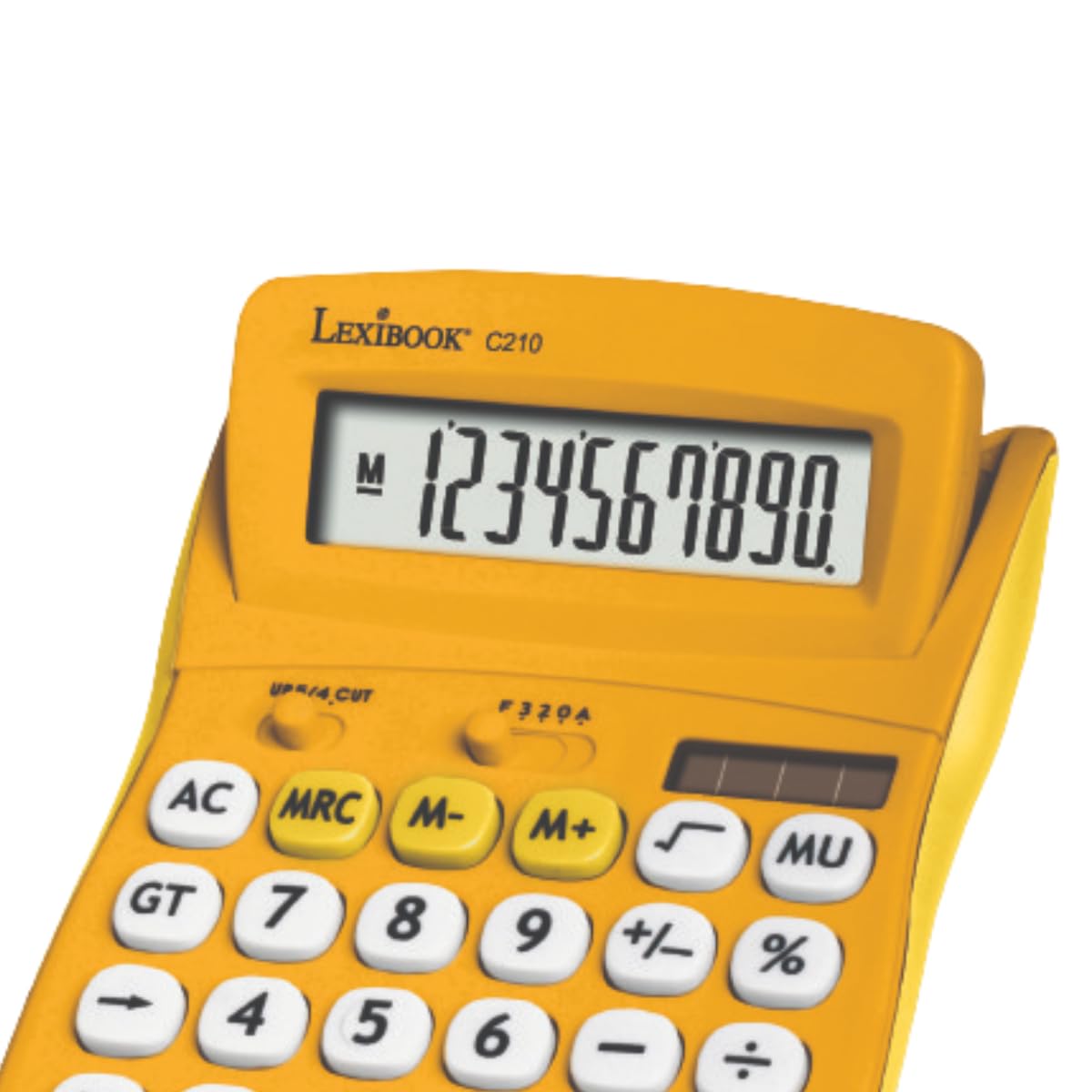 Lexibook, FRUITIES® Calculadora de sobremesa con Pantalla basculante, 10 dígitos, Funciones básicas y avanzadas, Teclas Grandes, Alimentación Solar y a Pilas, Amarillo, C210D