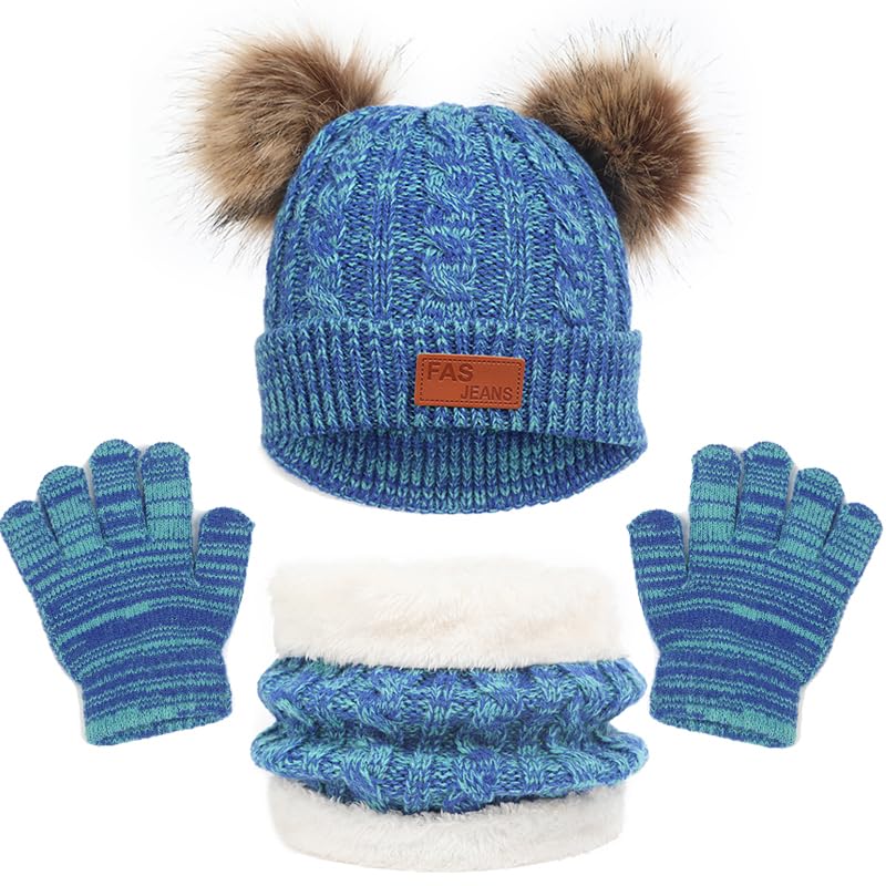LINSOCLE Conjunto Gorro Bufanda y Guantes Niña Niño, Set de Bufanda Sombrero Guantes para Niños en Invierno, Gorro de Lana con Pompones y Braga de Cuello Polar para Niños de 2 a 6 Años