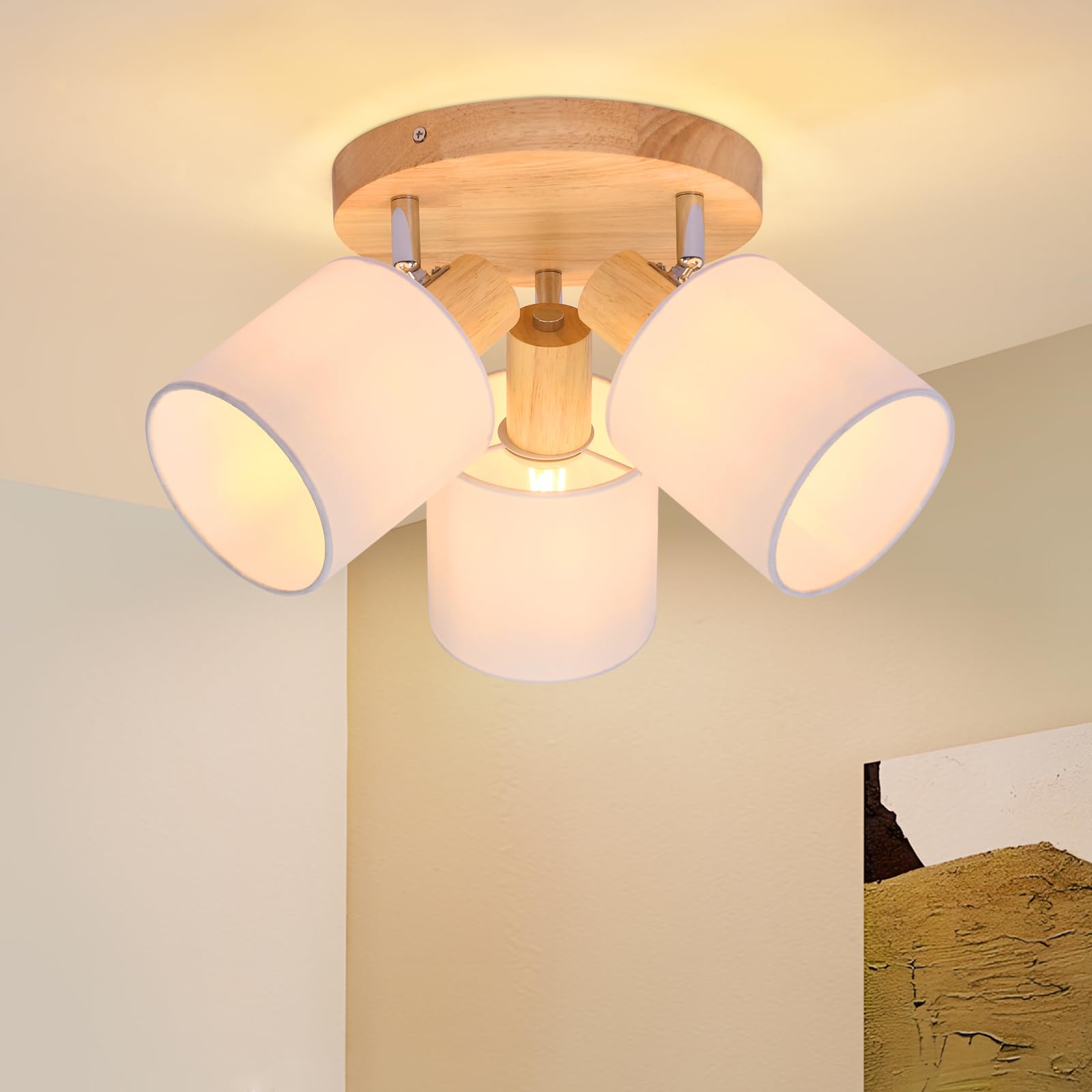 Glitzerlife Lámpara de techo Madera 3 Focos de Techo Redondo E14 Retro | Giratorios Interior Iluminación Foco de Pared con Pantalla de Luz para Dormitorio Salón Cocina Pasillo (Sin Bombilla)