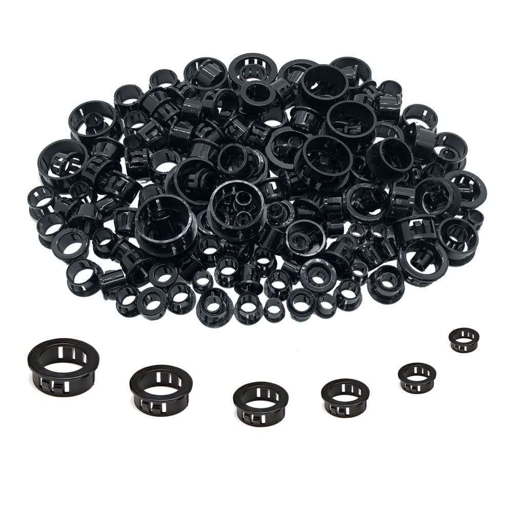 170 Pcs Cable Snap Bushing Grommet Assortment Kit – Black Nylon, 6 Sizes (5/16" To 1")