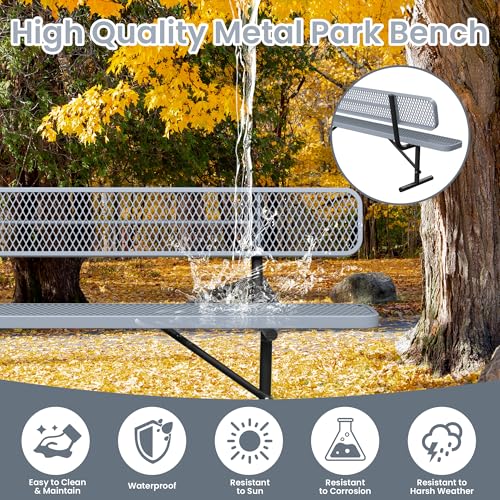 Image of 8ft Park Bench with Backrest, Gray Heavy Duty Outdoor Metal Bench Weatherproof Steel Long Playground Bench Seats, Commercial Garden Benches Dock Benches for Lawn, Park, Deck,Patio, Porch