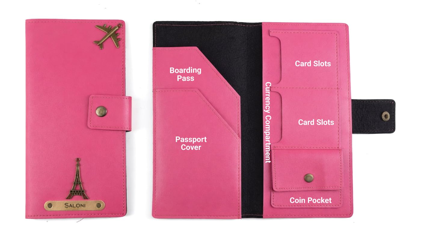 AICA Personalized Name & Charm Long Leather Wallet Passport Cover (Dark Pink) with Passport Boarding Pass Card Slot & Coin Holder for Men & Women | Birthday Anniversary Travels Gifts for Sis Wife Mom