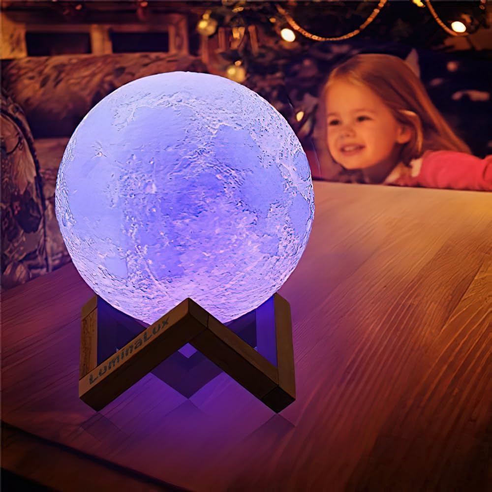 LuminaLux Moon Lamp 2025 3D Printing Night Light 16 Colors RGB LED with Wooden Stand Remote & Touch Control Dimmable USB Rechargeable Gift for Bedroom Living Room - Image 3