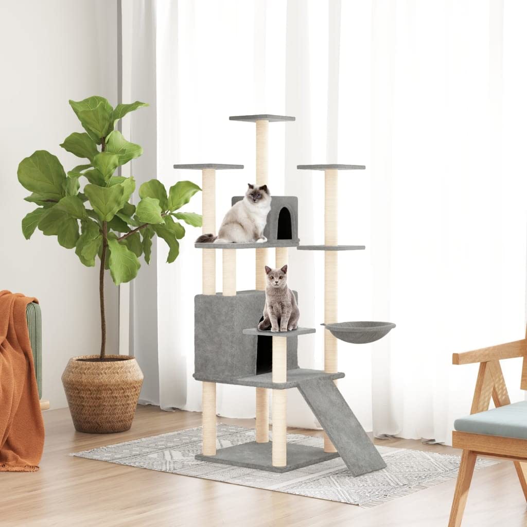 Rascador con columnas rascadoras de sisal, gris claro, 154 cm, para gatos con varios pisos, cuevas, hueco para tumbarse y rascarse, madera estable, lavable, ahorra espacio, ideal para casa y