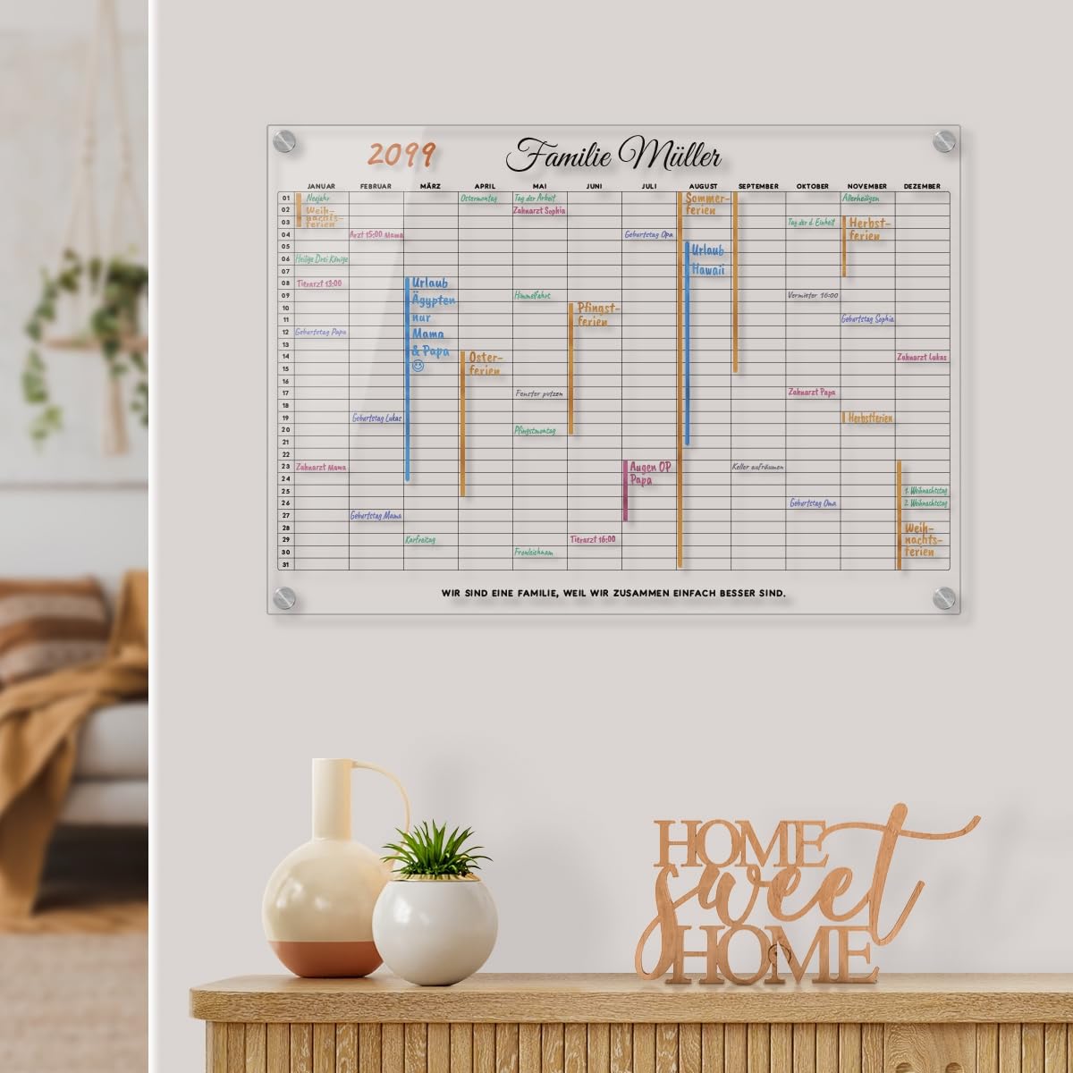 Personalisierter Acrylglas Wandkalender - Familien Jahresplaner abwischbar DIN A3, A2 oder A1 XXL wählbar inkl. Montagematerial und Edelstahl Abstandhalter, langlebig, klarer UV-Druck