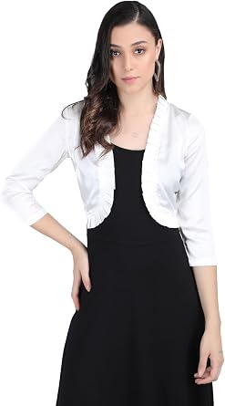 Womens Short Satin 3/4 Sleeve Bolero Jacket, Open Neck Shrug, Formal Wear, Solid Pattern, Soft Fabric, Classic Style