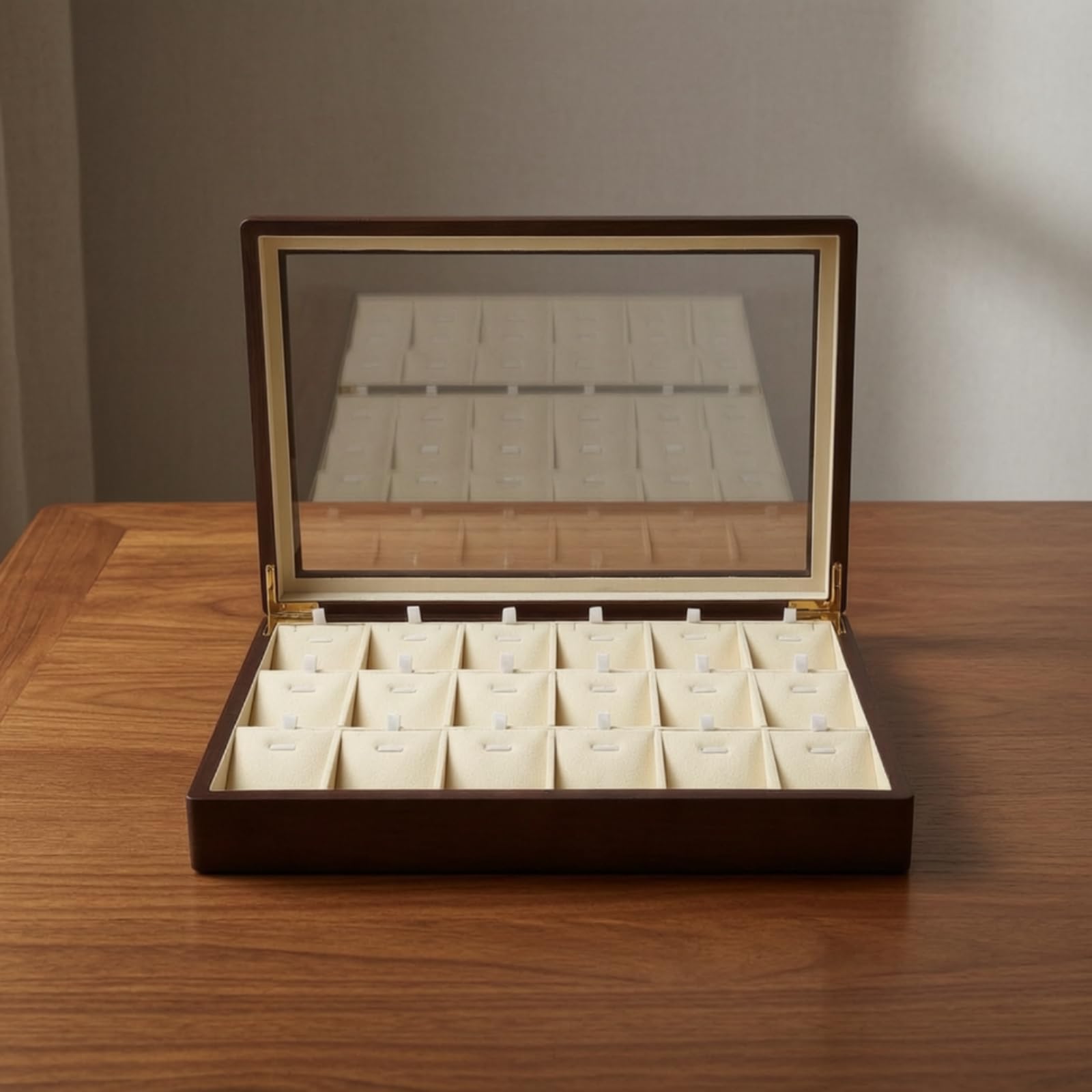 Harilla Vassoio Esposizione Gioielli Scatola Gioielli Contenitore Organizer Espositore con Top Vetrato E Cerniere Metalliche Legno Elegante E Divisori Interni, Grigio Scuro, Elegante