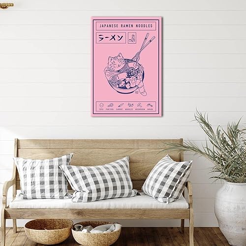 Miniatura 5 de Póster de gato de fideos ramen japoneses con lindos animales de dibujos animados rosados y azules impresión artística ilustrada para amantes de los