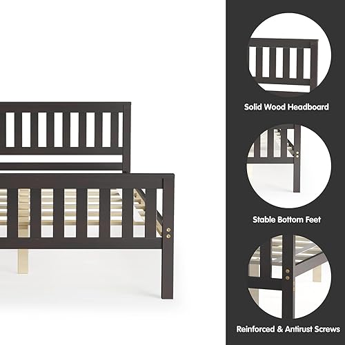Miniatura 4 de Giantex Base de cama tamaño Queen, plataforma de madera con cabecero, base de cama resistente de 12 pulgadas, base de colchón de soporte de listones