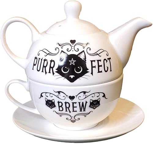 Ebros Gift Gothic Alchemy Pentagrama felino de porcelana para gatos Purr Fect Brew Caldero mágico apilable Tetera y taza con platillo, servicio para