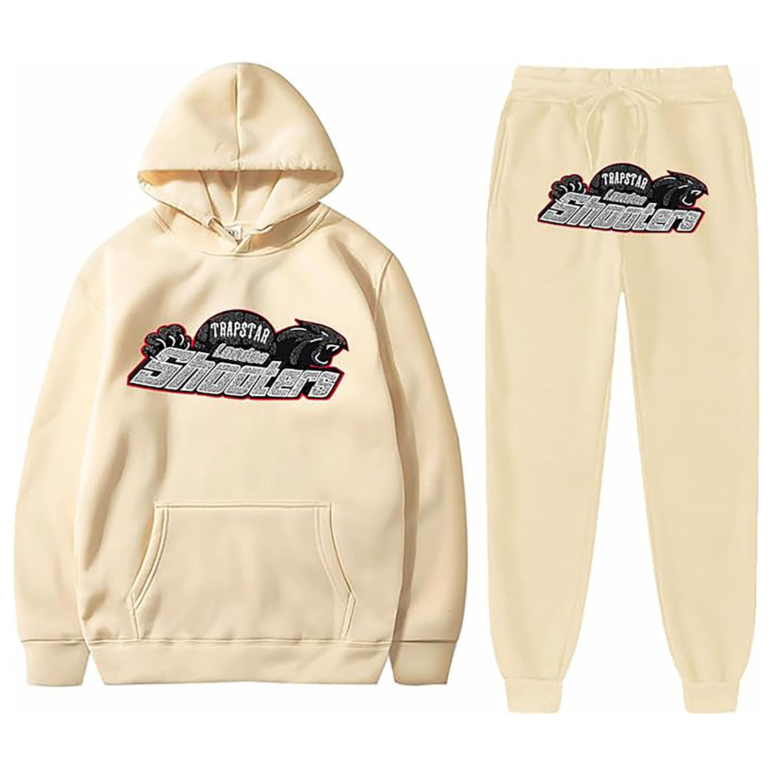 Men's Cartoon 2 Piece Outfits Full Zip Hooded Top Joggers Trousers Casual Fleece Gym Suit Jacket with Pockets Two-Piece Sweatsuits Winter Outfits for Men Xmas(Beige,XL)
