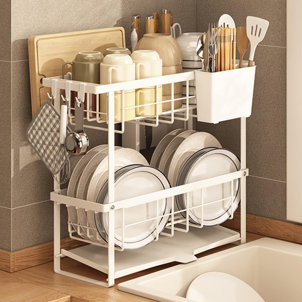 SDVantage Stainless Steel Dish Rack with Drainboard 2Tier Kitchen Countertop Nizer for Sink Small Dish Drying Rack with Utensil Holder and Spout White，/White-2 Tier
