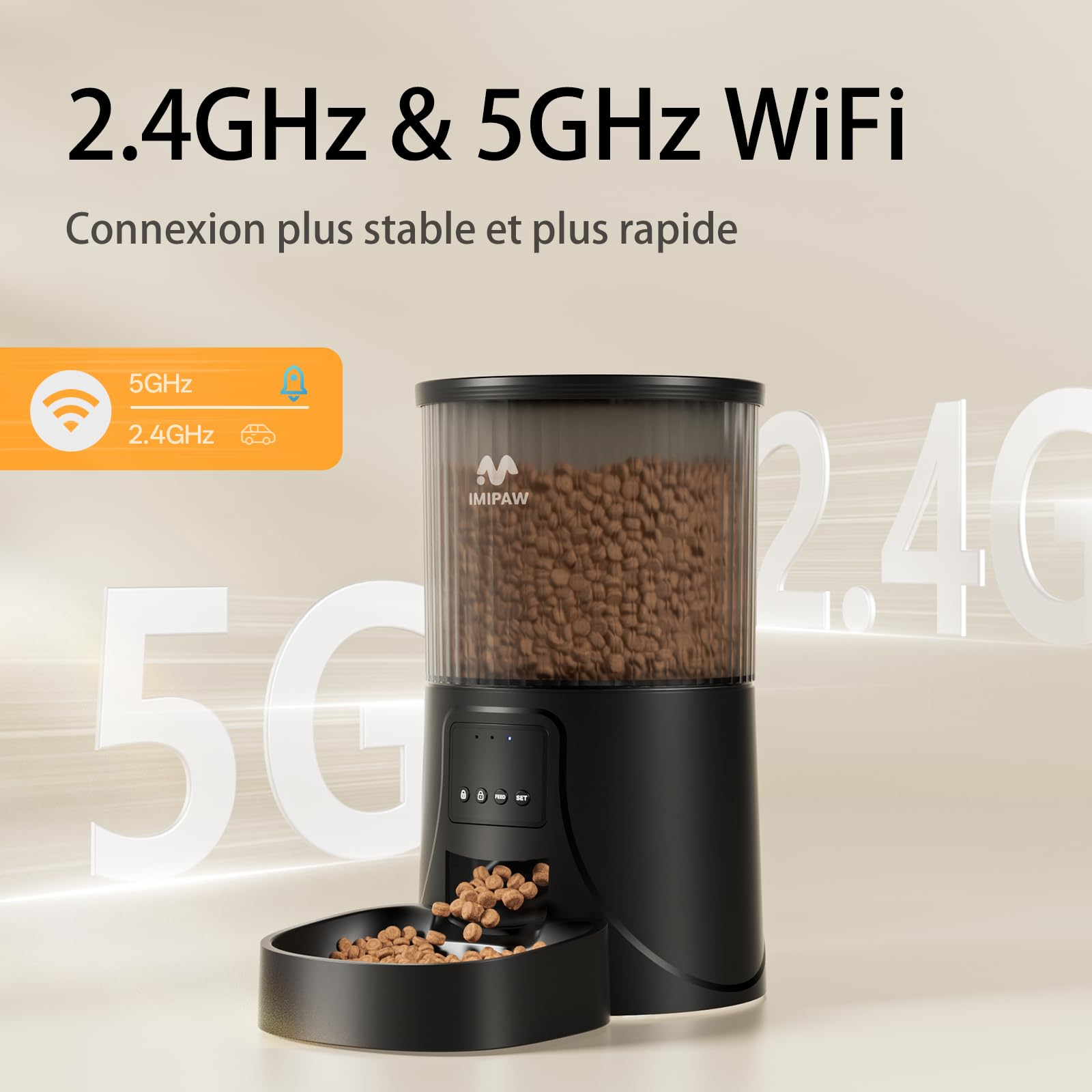 IMIPAW Distributeur Croquettes Chat Automatique, Compatible WiFi 5G et 2.4G, Contrôle App, Jusqu’à 10 Repas par Jour, 4L Mangeoire pour Nourriture Sèche, Idéal pour Les Propriétaires d'animaux