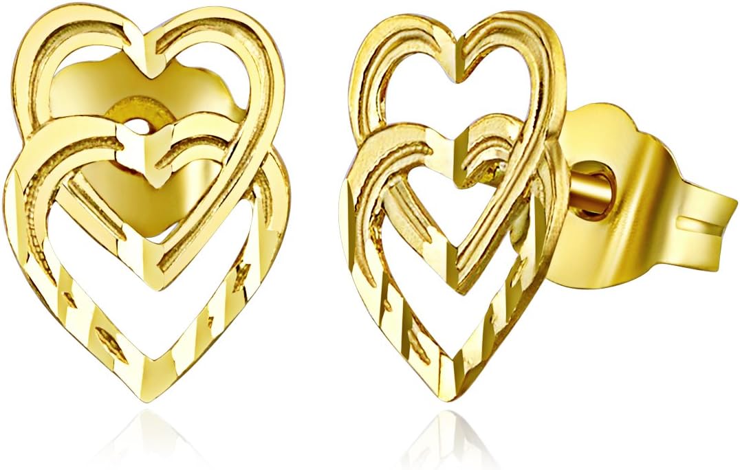 14k REAL Yellow Gold Fancy Heart Stud Earrings (6 x 9 mm)