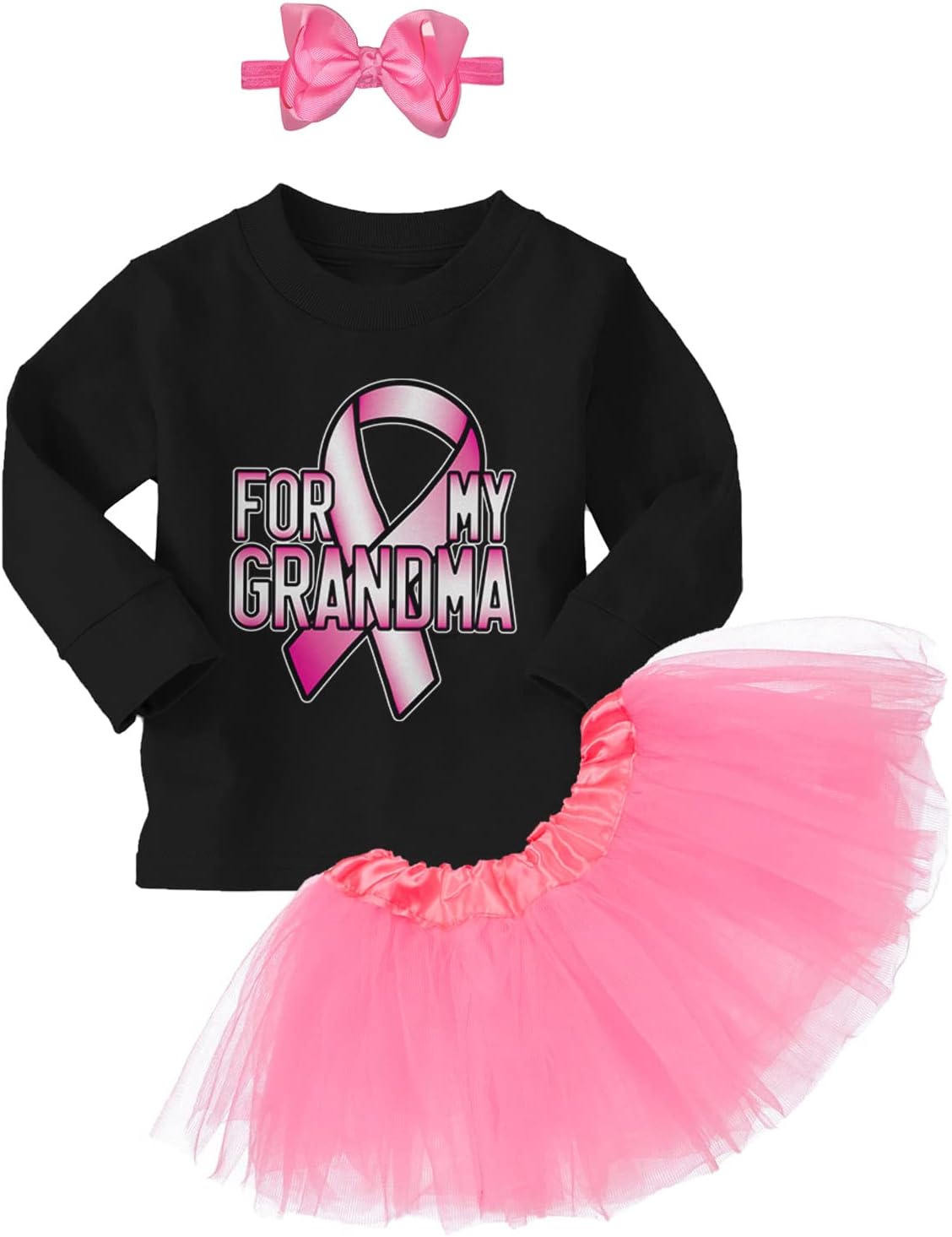 Tcombo For My Grandma - Breast Cancer Ribbon Baby Bodysuit + Tutu Skirt + Bow Headband Set