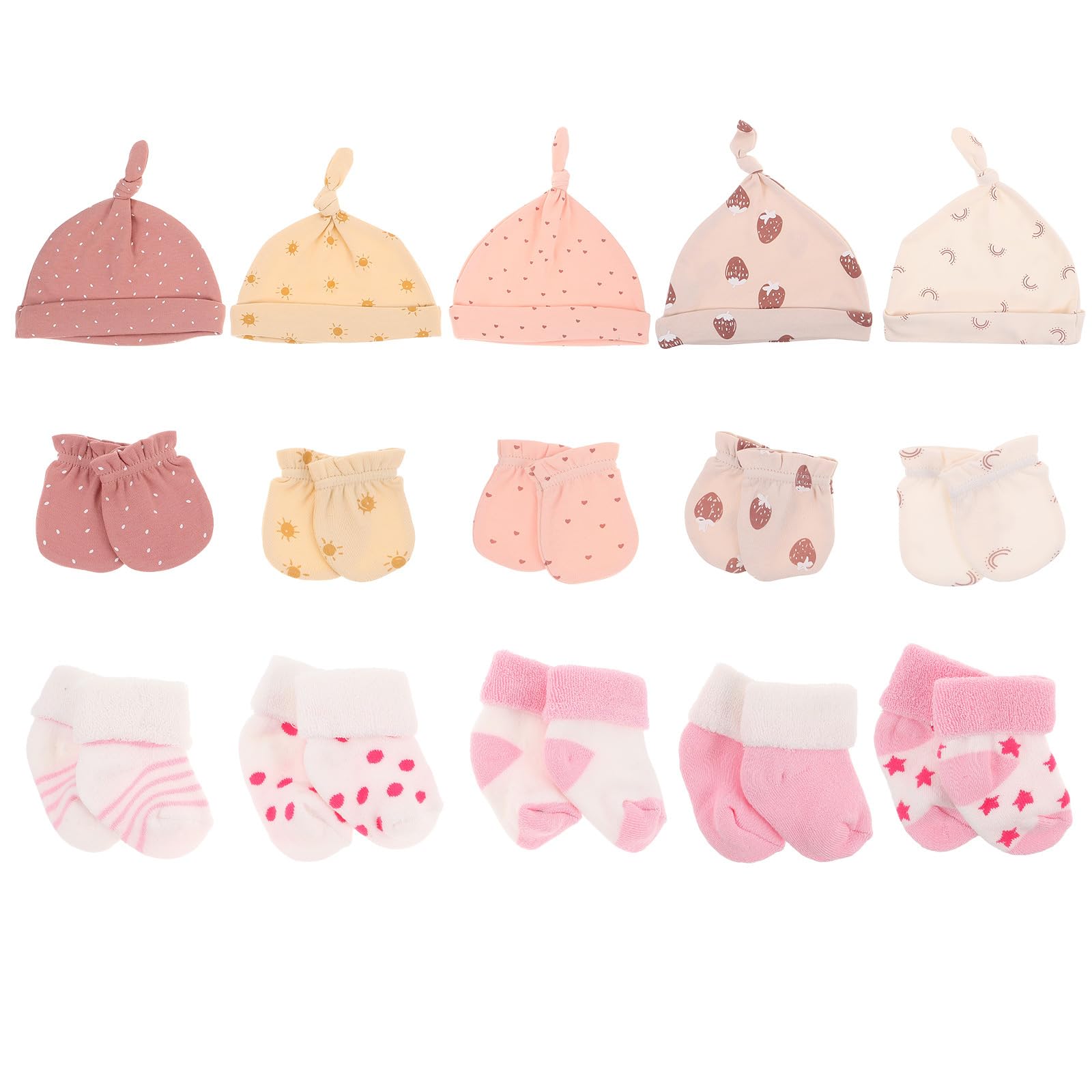 LIFKOME 5 Sets Baby-Mütze, Fäustlinge und Socken: – Weiche Baumwollmützen zur Neugeborenenpflege mit Handschuhen und Socken – um die kleinen Hände und Füße warm zu halten