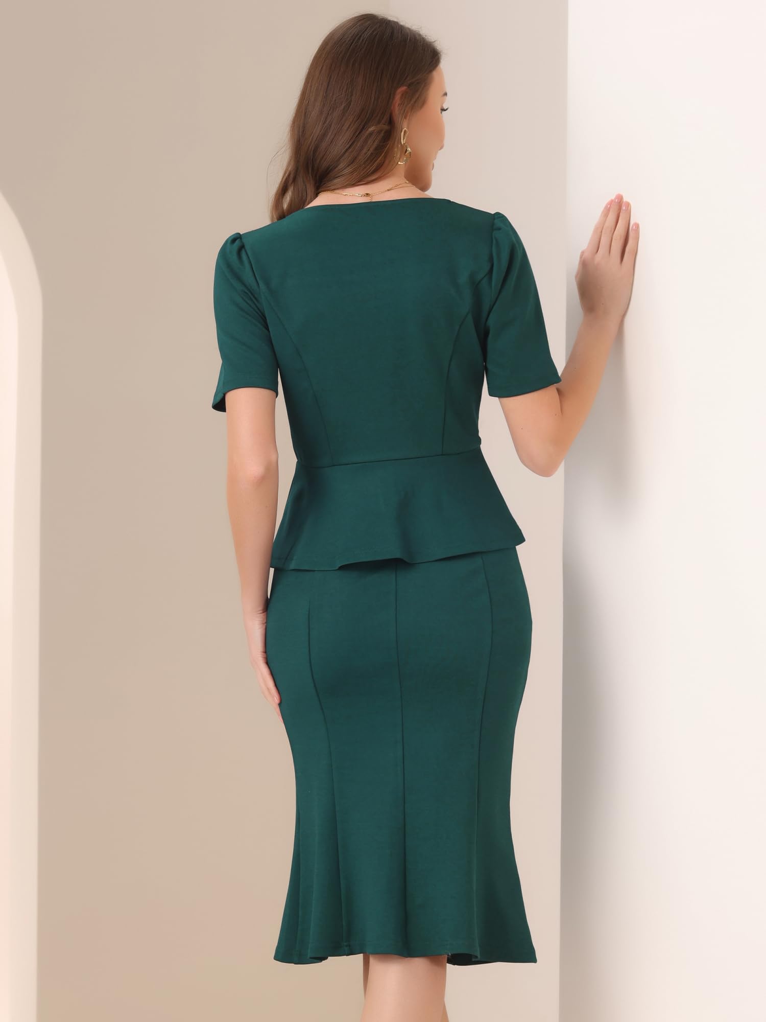 Allegra K Mujer Conjunto de Falda Y Blusa Peplum para Traje de Negocios Cuello Cuadrado Manga Corta Faldas Ajustadas con Cola de Pez