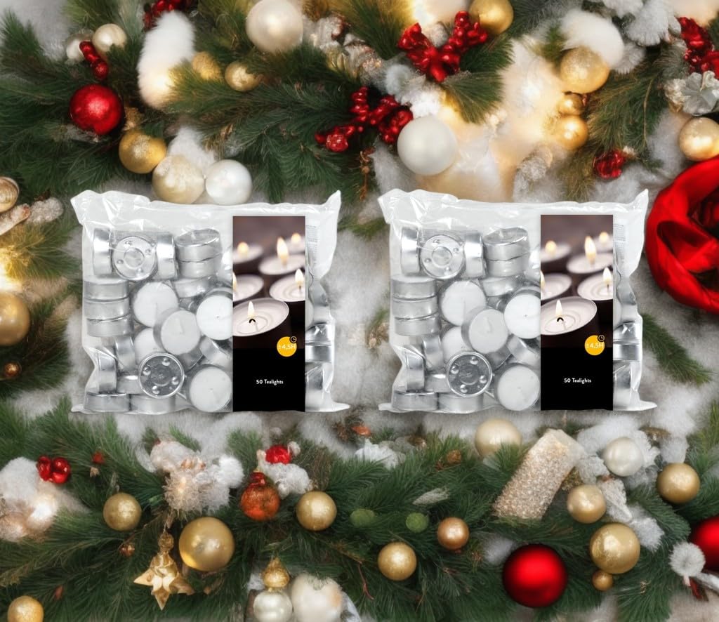 Velas de té (2 paquetes de 50 unidades, 2 bolsas de 100 velas de té), tiempo de combustión: 4,5 horas, sin hollín, para portavelas, vasos de velas, lámparas aromáticas, candelabros y portavelas –