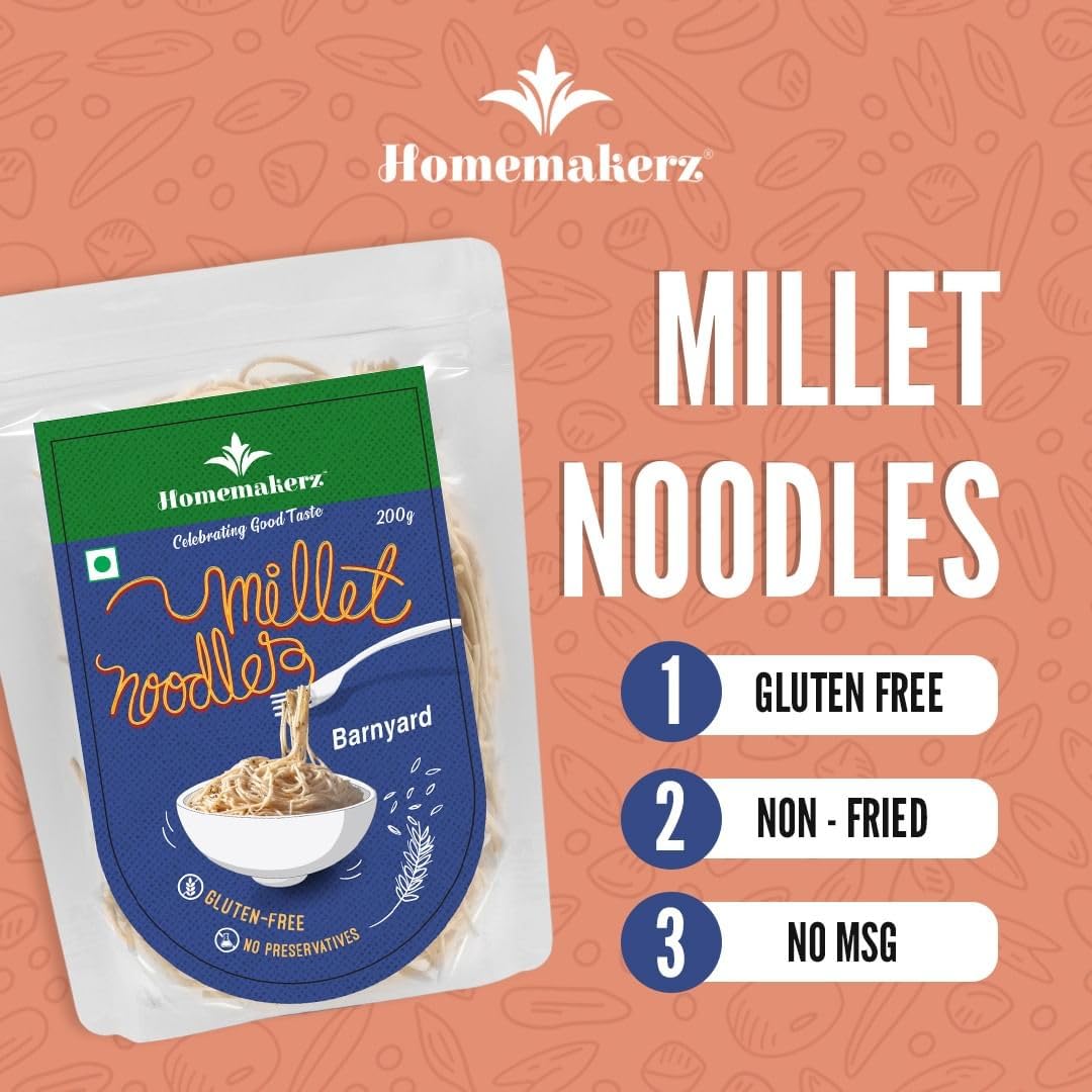 Homemakerz Banyard, Foxtail & Little Millet Noodles, Natural, Preservative, Gluten & Fat Free, Not Fried & No Oil, Zero Maida & Wheat, Healthy & Tasty Hakka Millet Noodles With High Fiber (Pack of 3, 200g Each)