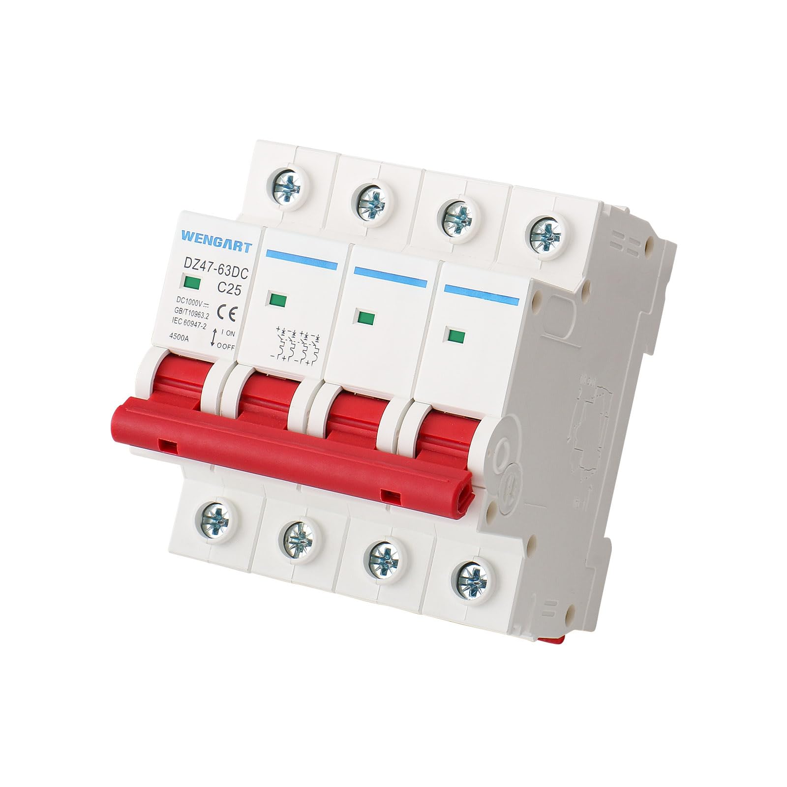 Wengart Interruttore Magnetotermico DC 4 Poli, 1000V 25A, Sezionatore Fotovoltaico per Alta Tensione, Protezione Stringa Solare e Batterie, Interruttore Automatico Professionale per Impianti Off-Grid